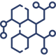 Navy blue molecular structure icon on a white background representing enzymes