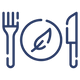 Navy blue icon of a plate with a leaf, fork, and knife on a white background