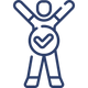 Blue icon of a person with arms raised and a checkmark on a white background